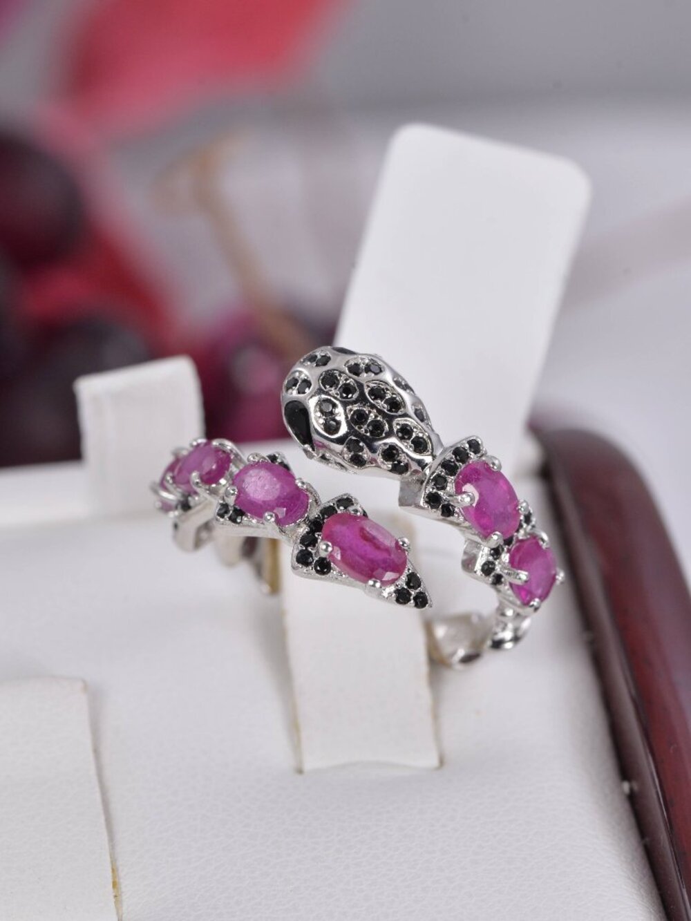 Natural Genuine Ruby Snake Ring with Black Onyx 925 Sterling Silver